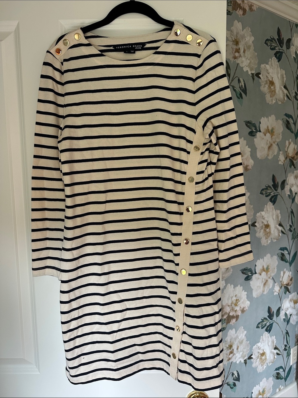 Veronica Beard Cream and Navy Blue Striped Knit Shift Dress